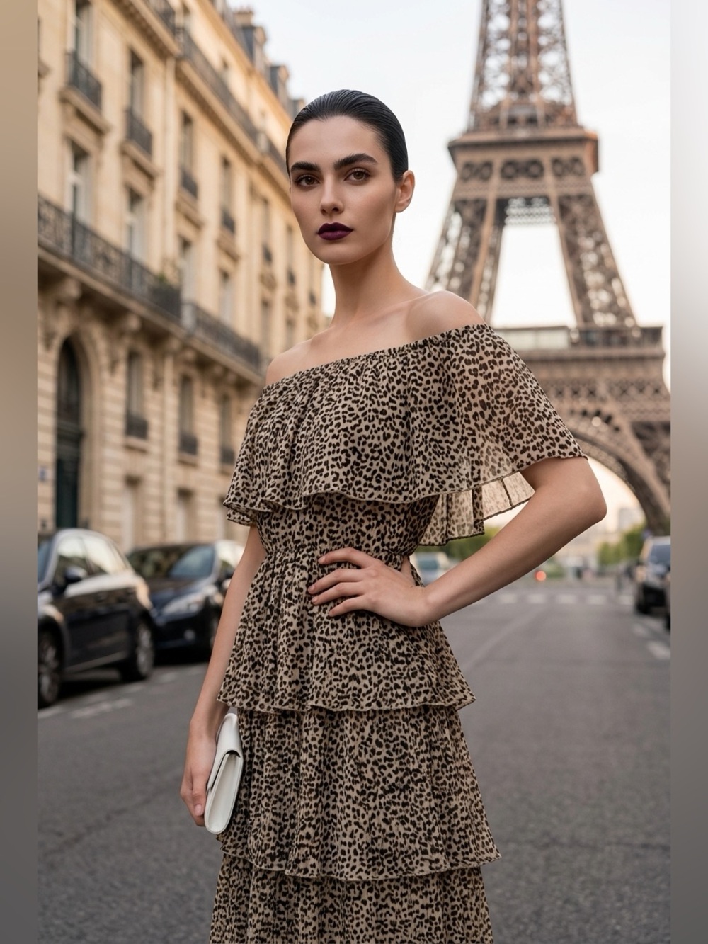 entro Beige and Black Leopard Print One-Shoulder Tiered Maxi Dress
